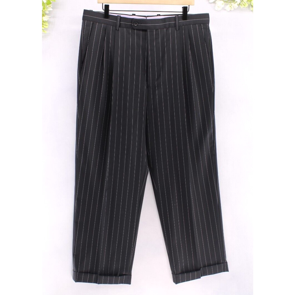 Aristo Eighteen Men's Aberdeen Wool Flat Front Dress Pants Black Stripe Sz 36X28